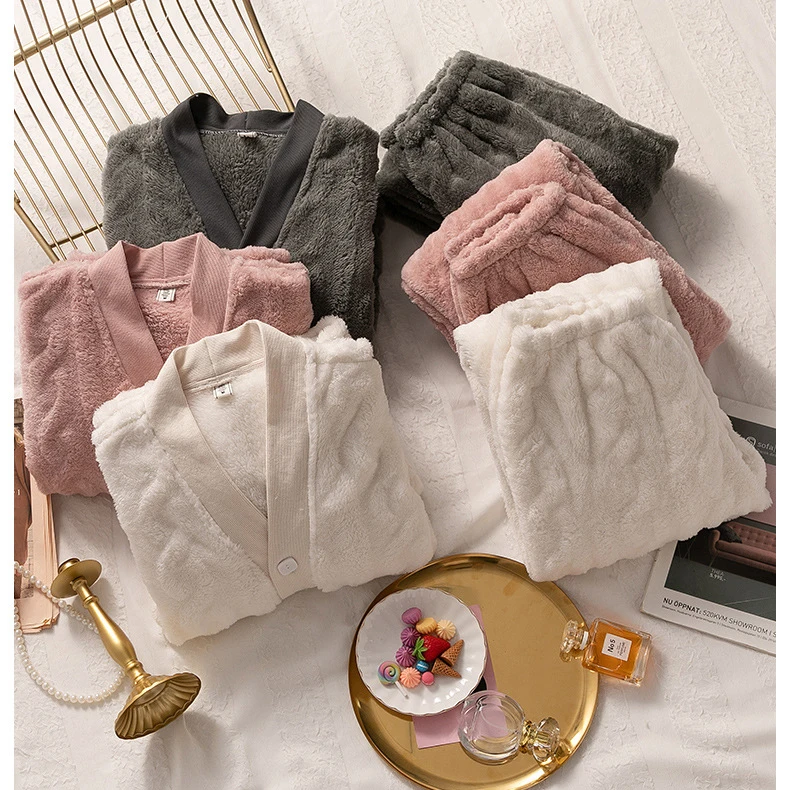 

Warm Coral Fleece 2 Piece Set Women Homewear Thicken V-Neck Loungewear Sleepwear Soft Nightgown Pajamas 2023 New Winter Pyjamas