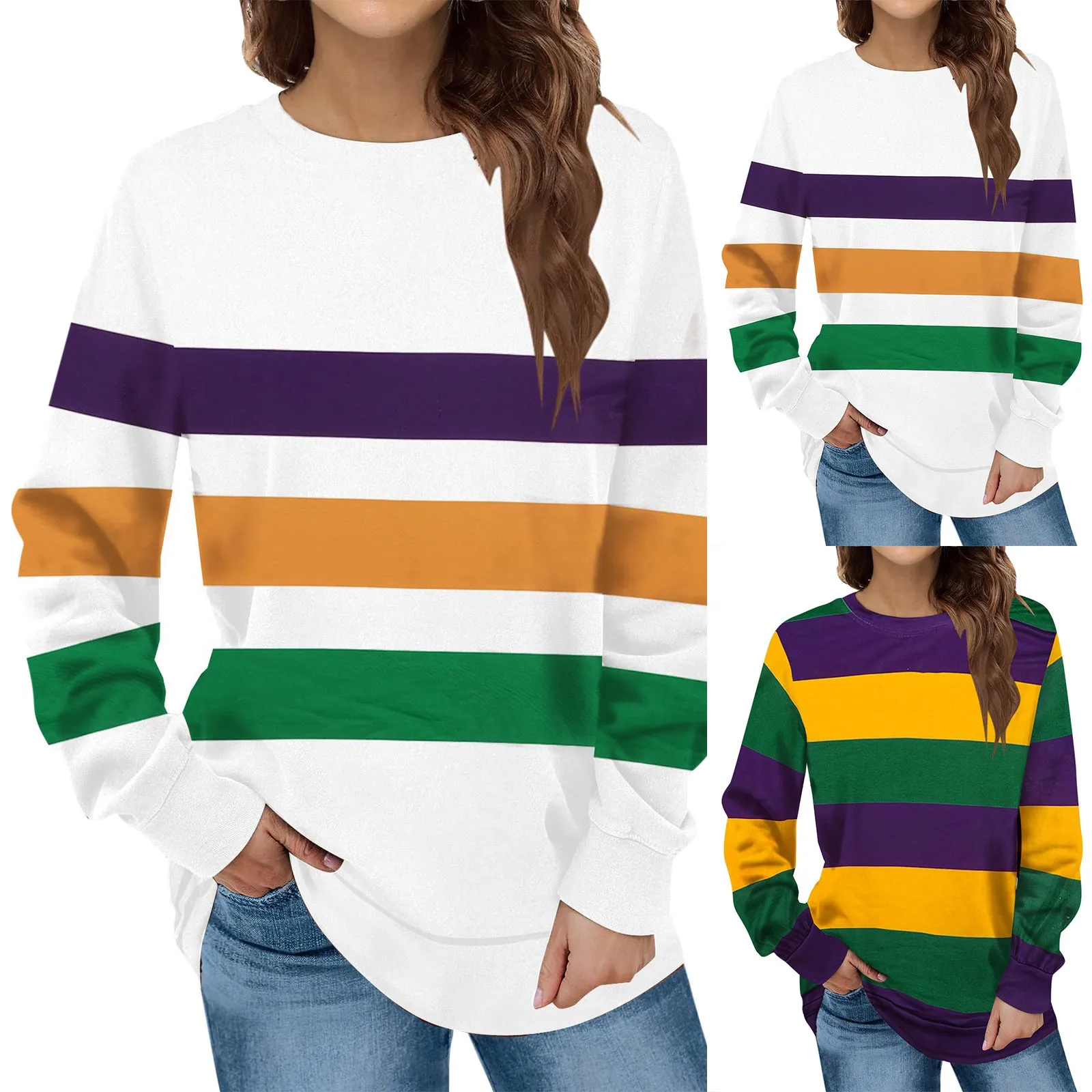 

Pocket Shirt Womens Stripes Fat New Carnival Party Long Sleeve Sweatshirt Top Hoodies Sweaters Women