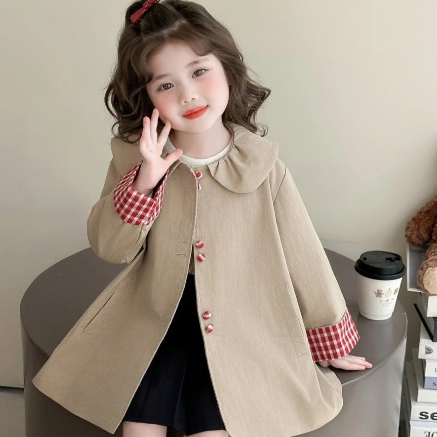 여아용 봄가을 신상 체크 버클 바람막이 코트 한국판 패션 데일리 스타일 캐주얼웨어