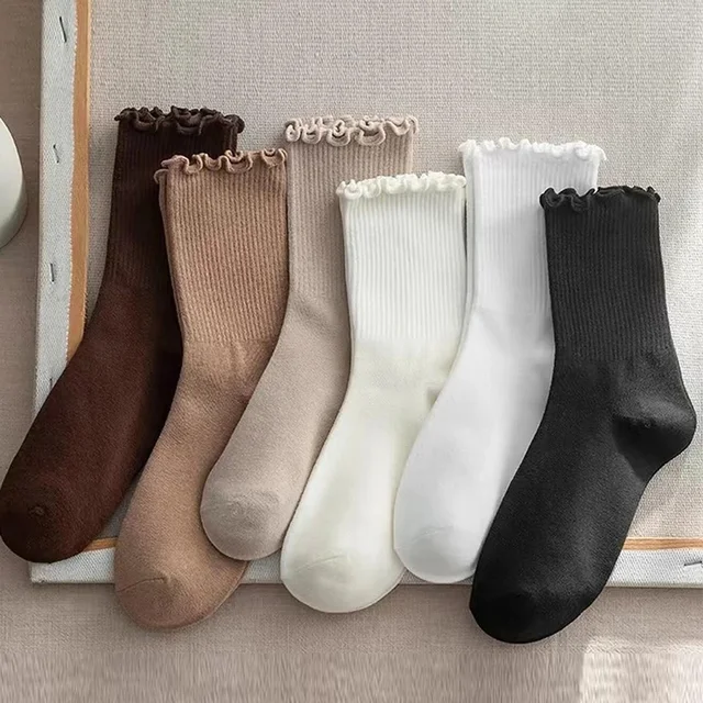 1/6 Pairs/Lot Women's Ruffled Mid Length Socks Breathable Solid Color Set Spring And Autumn Comfort Sweat-absorbing Girls' Socks 1