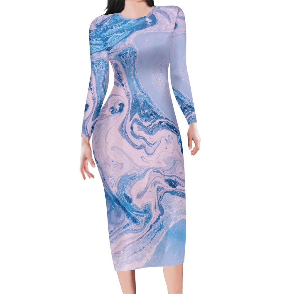 

Custom Made Marble Sublimation Print Women New Long Sleeved Tight-fitting Hip Wrap Bohemia Dress Dropshipping