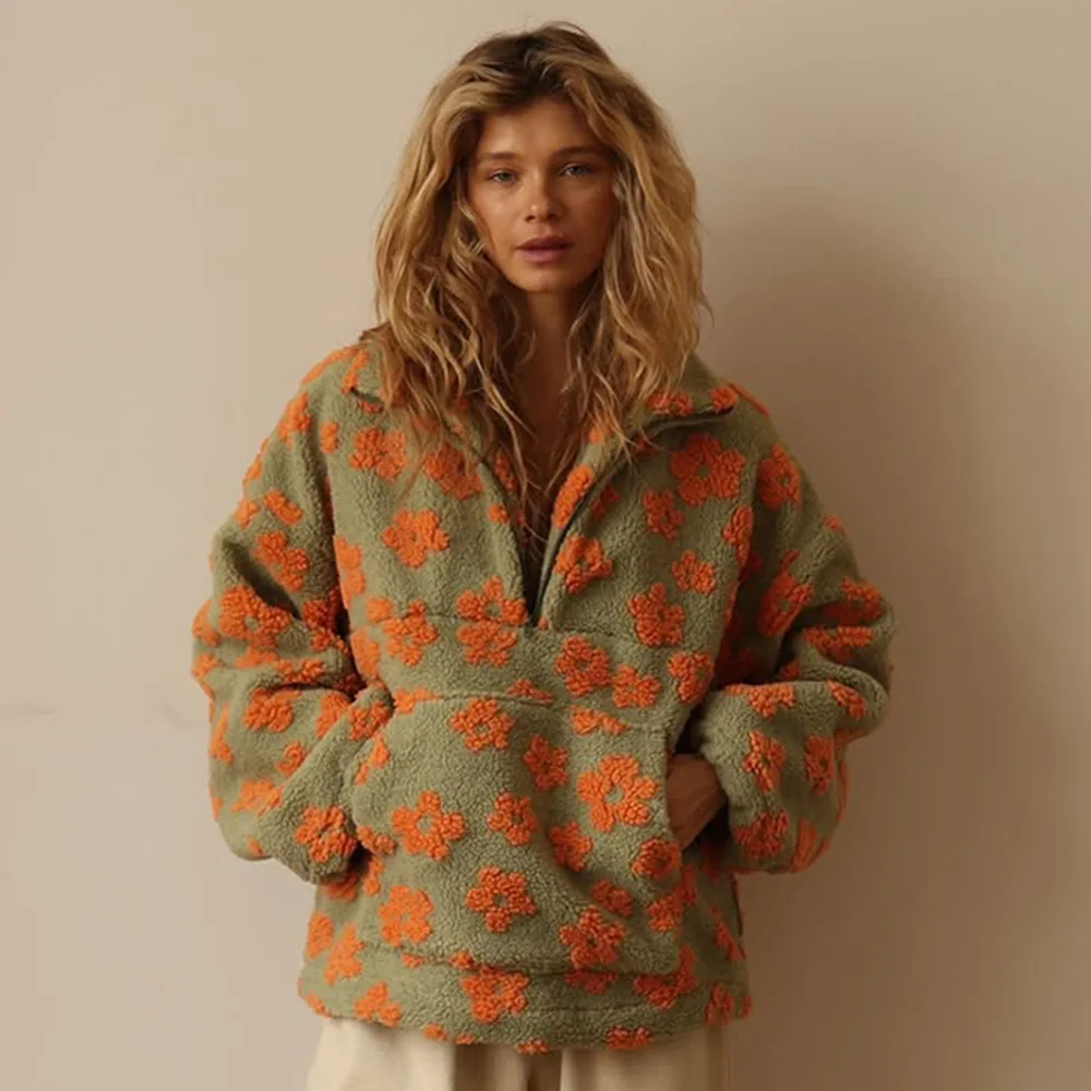 Bornladies New Autumn Winter Women's Sherpa Floral Pullover Hoodies Half Zip Style Loose Fit Warm Stylish Sweatshirt