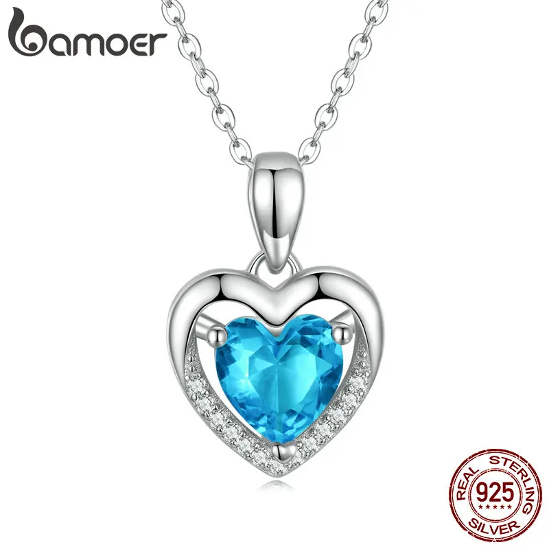 Bamoer 925 Sterling Silver Love Heart Pendant Necklace, Blue Clear