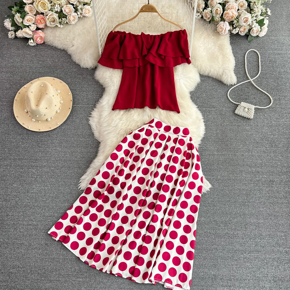 

Summer Fashion Retro One Shoulder Strapless Ruffle Loose Top High Waist Polka Dot Half Body Skirt Two-piece Set