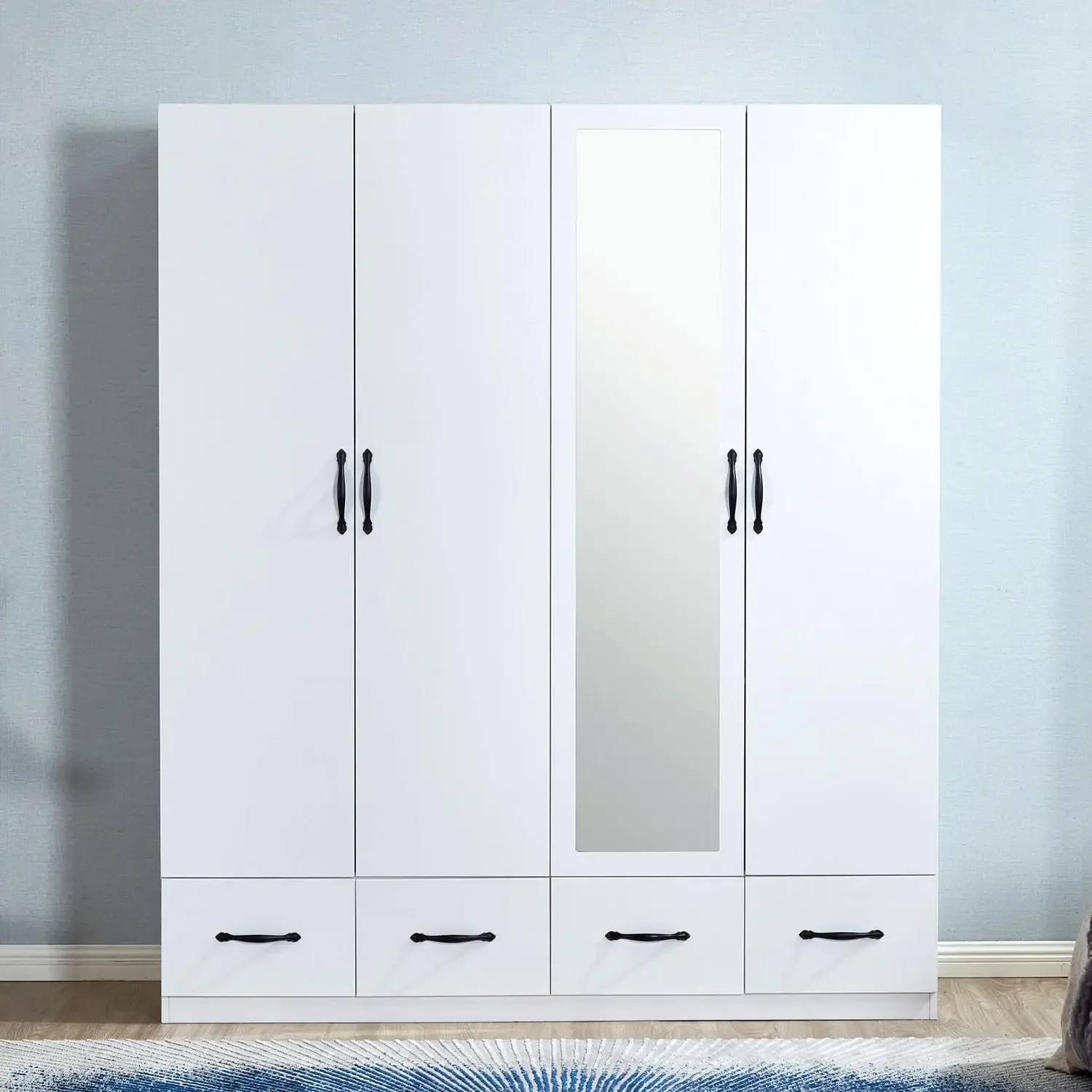 74.2 H Mirror Wardrobe 4 Doors White Wooden Freestanding Wardrobe Closet Armoire Bedroom Storage Wardrobe Cabinet Bathroom