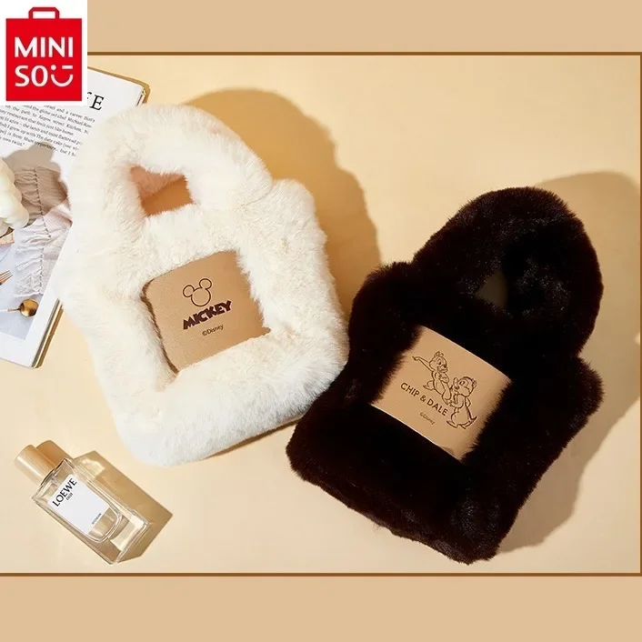 MINISO Disney Fashion High Quality Plush Sweet Storage Bag Small and Portable Mickey Cartoon Print Large Capacity Handbag