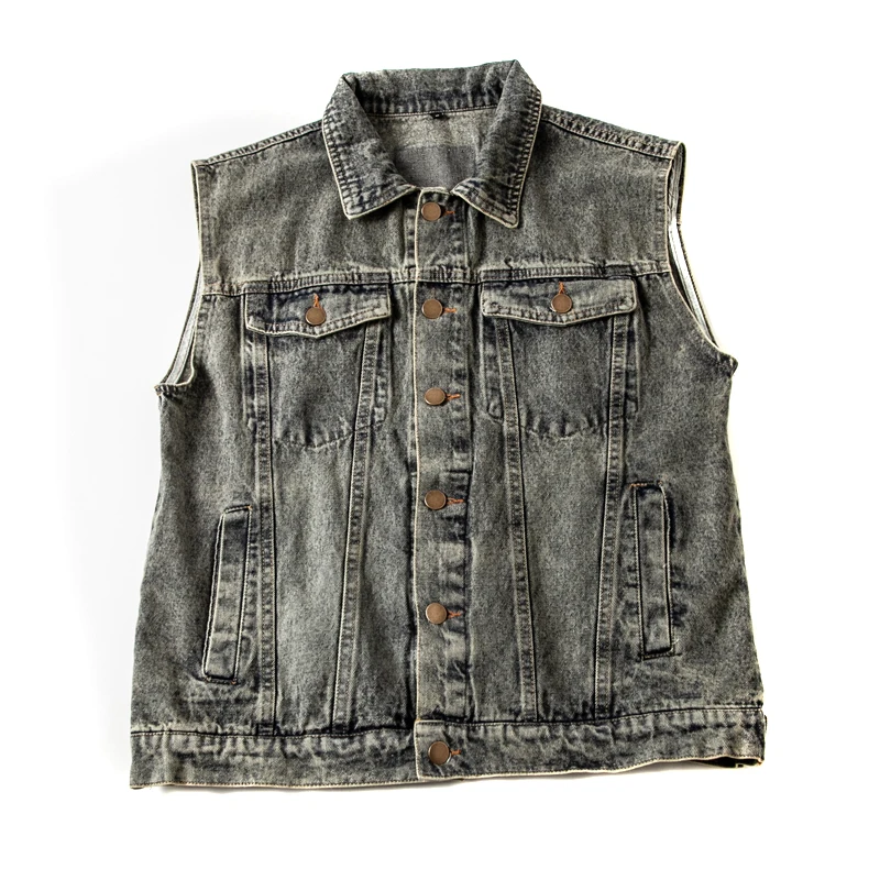 

American Casual Retro Denim Vest Men's Multi Pockets Workwear Sleeveless Jacket Y2k Youth Male Distressed Washed Coats Vintage