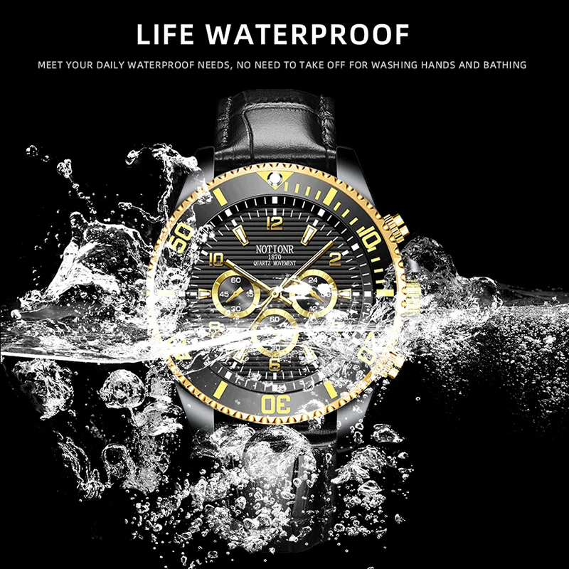 NOTIONR Fashion Mens Watches for Men Sports Waterproof Leather Quartz Watch Man Business Casual Luminous Clock montre homme