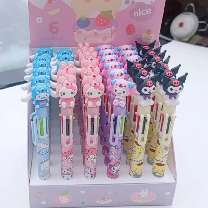 

36pcs Sanrio Cartoon 6-color Ballpoint Pen Silicone Hello Kitty Kuromi Melody Cute Mini Students Learn To Press Pens Exam Reward