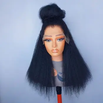 Yaki Kinky Straight Black Color Synthetic 13X4 HD Lace Frontal Wig For Black Women Prepucked With Baby Hair Glueless Wig Party