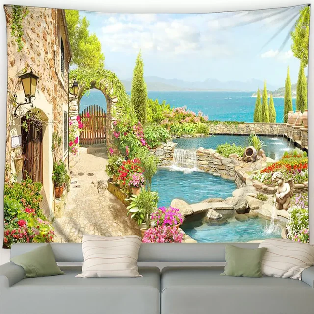 Tapisserie de paysage de bord de mer, fleurs roses, plantes, arbres, Style européen, paysage d'océan, décoration murale suspendue pour la maison et le salon 6