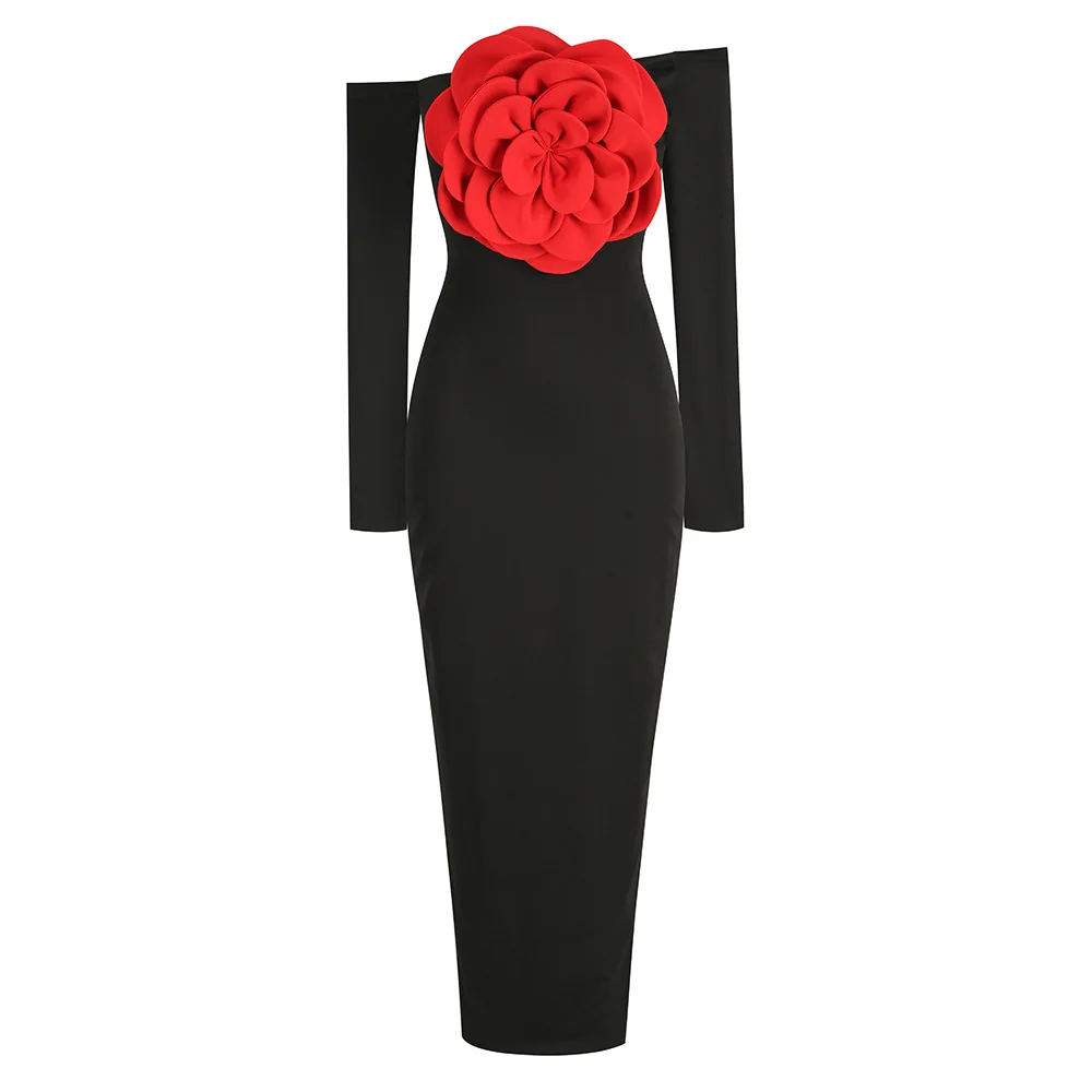 

New Style Women Long Sleeve Sexy Red Florals Off the Shoulder Bodycon Long Maxi Dress Fashion Elegant Evening Party Dress