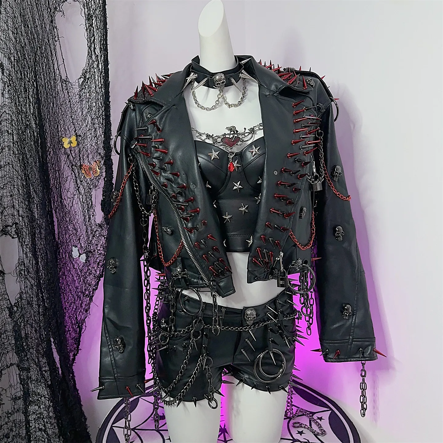 Women's Y2K Rivet Chain PU Leather Jacket