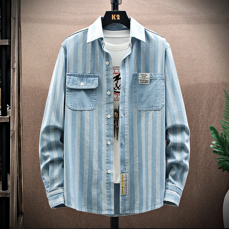 

Spring And Autumn Stripe Denim Shirt Men's Ins Trend Handsome Versatile Loose Thickened College Style Long Sleeved Student Coat