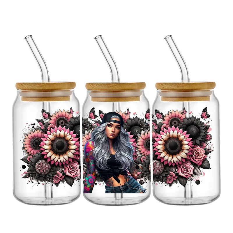 멋진 소녀 자신감 커피 UV DTF 스티커 16oz 컵 랩 전송 스티커 사용자 정의 라벨 DIY 자기 접착 스티커