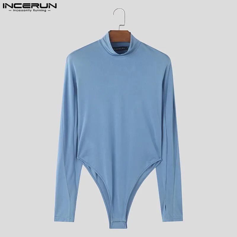 American Style Rompers INCERUN Men Fashion Solid Color Jumpsuits Sexy Casual Male Thimble Design Long Sleeved Bodysuits men bodysuits,men jumpsuits