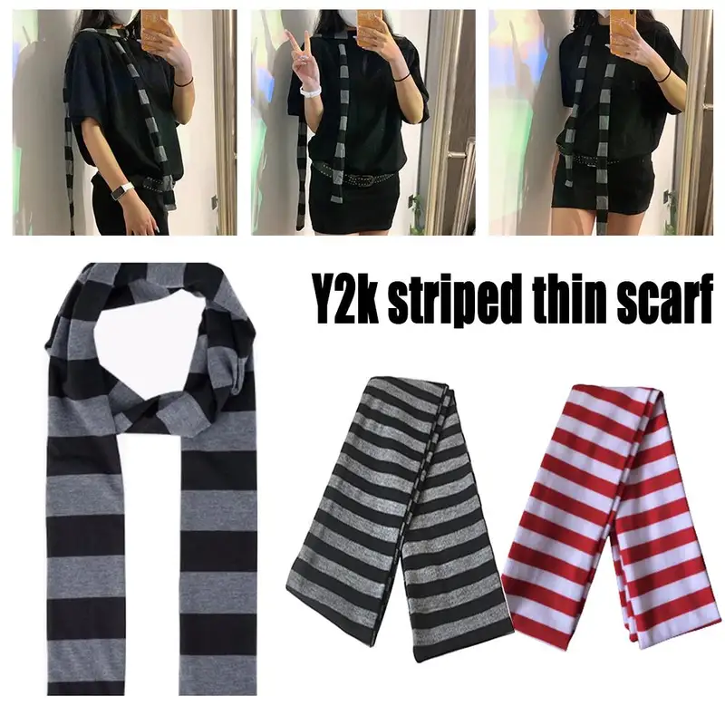 Y2K Black Grey Striped Scarf For Women Cotton Long Scarf Choker Scarf Punk Skinny Thin Neck Warmer Neck Wrap Neckwear Accessory