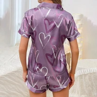 Women's Pajama Pj Set Heart Print Satin Pyjama Casual Short Sleeve Lapel Collar Tops & Pants Sleepwear & Loungewear for Adults - Image 2