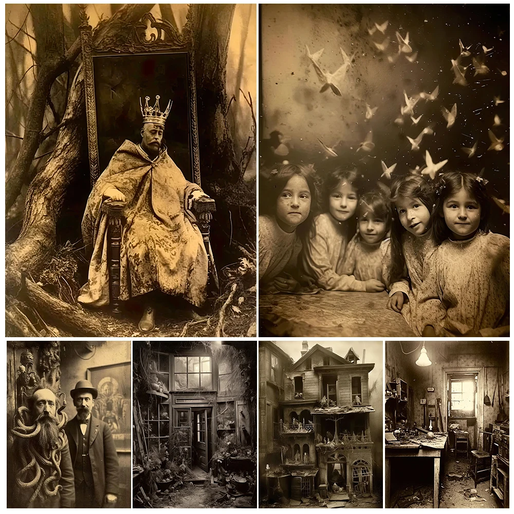 

The Fallen King&The Witch Before The Skeleton Vintage Photography Wall Art Canvas Print Dilapidated House Art Poster Print Decor