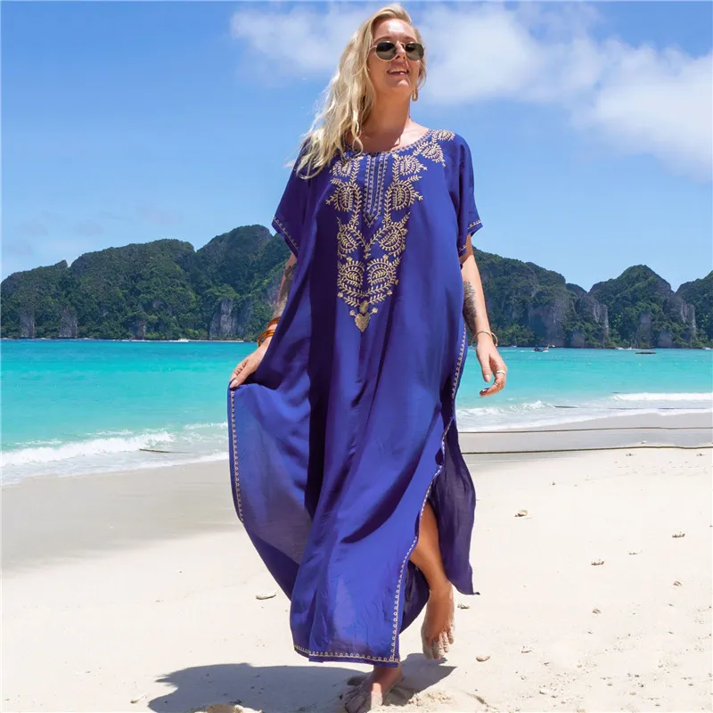 Loose Gold Embroidered Kaftan Long Black Tunic Loose Maxi Dress Women Summer Beach Wear Swim Suit Bikini Cover Up