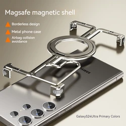 Magnetic Metal Bracket Phone Case with Aluminum Alloy Frame and Finger Ring for Galaxy S24 Ultra (Titanium)