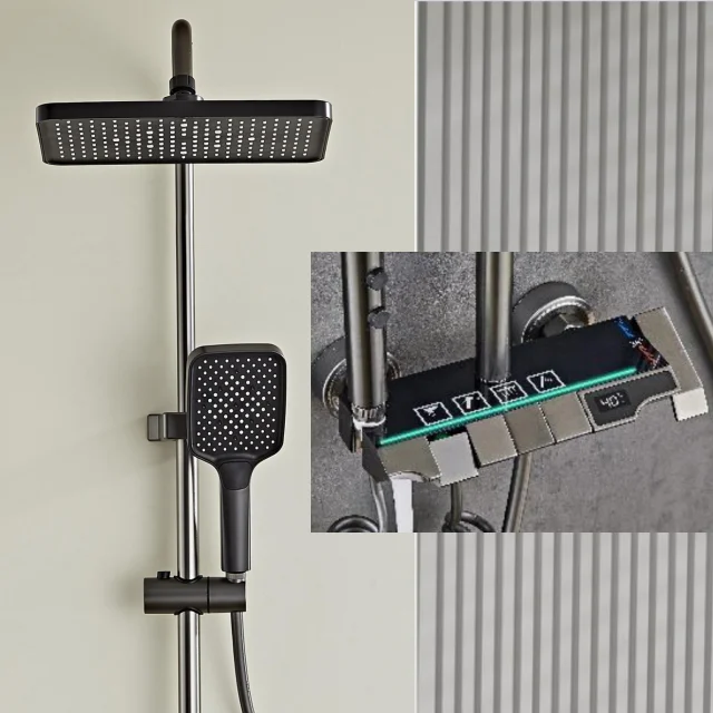 Intelligent Thermostatic Shower Set LED Digital Display Piano Keys Black Rainfall Bath Shower Faucet System Set Aluminum 5