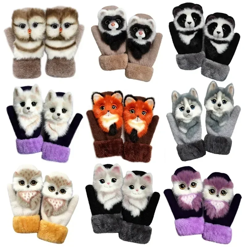 

Women 3D Plush Winter Fluffy Outdoor Knitted Men Gloves Decor Cartoon Warm Thickened Mitten Cute Windproof Thermal Animal Lining