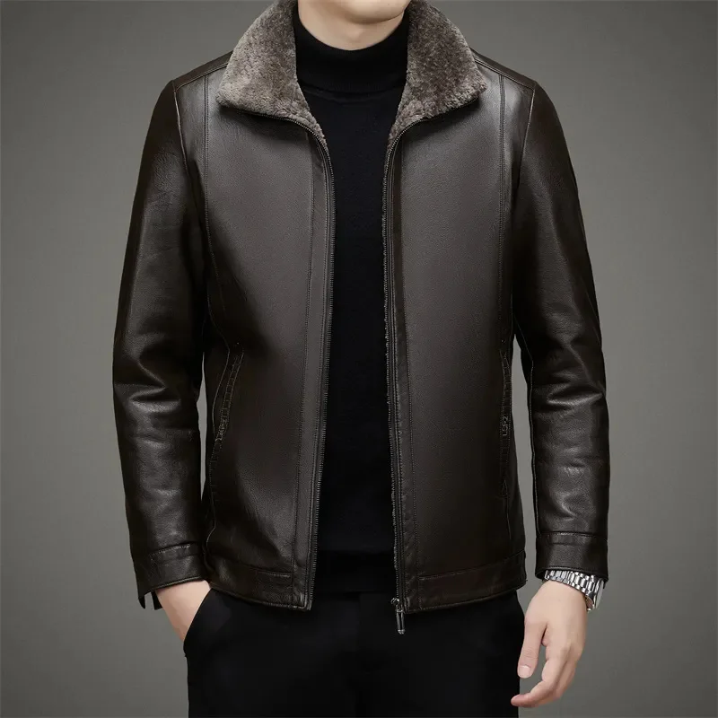 

Leather Jacket New Coat Men's Autumn and Winter Warm Velvet Padded Thickened Fur Integrated Back down Men