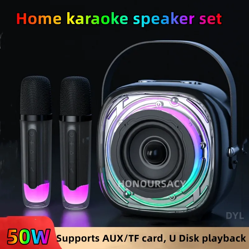 

50W High Power Karaoke Bluetooth Speaker Portable 3D Stereo Surround RGB Light Wireless Subwoofer with Dual Microphone Boombox