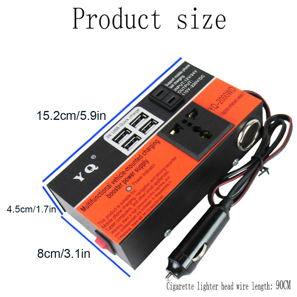 200W 차량용 파워 인버터, 4개 USB 포트 포함, DC 12V 24V를 AC 110V 220V로 변환하는 차량용 인버터 전압 변환기 (휴대폰, 노트북, 태블릿용)