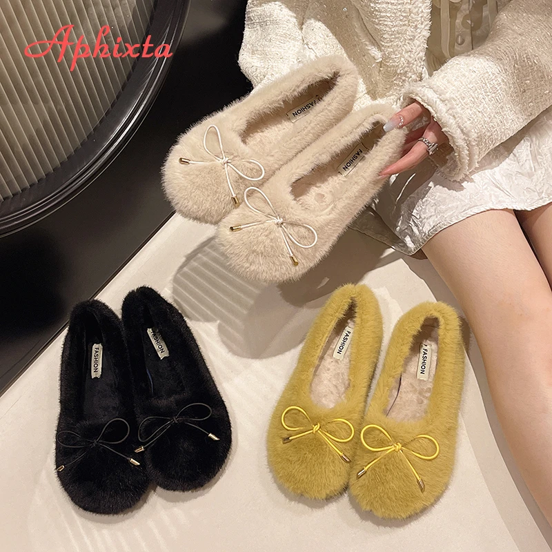 Aphixta Furry Sweet Bow Dec Women Flat Shoes Yellow Shallow  Flats Shoes Women Flat with Loafers Soft Sole Woman Casual Shoes