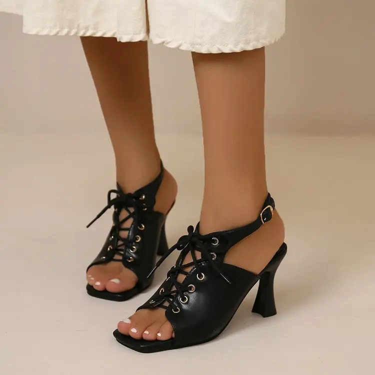 

Summer Sexy Women Fish Mouth High Heels Sandals Fashion Squared Toes Hollow Cross Ties Ladies Mules Thin Heels Black Plus