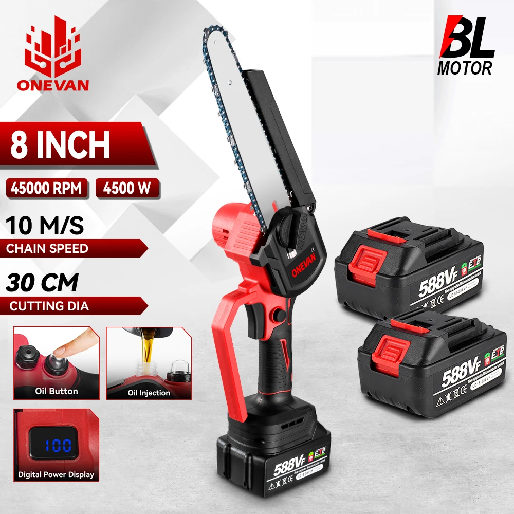 Electric Chainsaw ONEVAN 8 Inch Brushless Electric Chainsaw Cordless Portable Electric Saw Woodworking Power Tool for Makita 18V Battery Pin