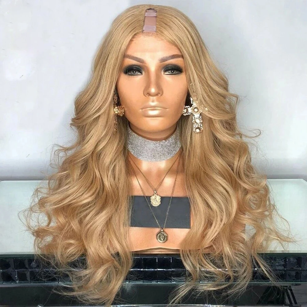 

New Get Golden Blonde Human Hair Wig Loose Wave 180% Density Virgin European Remy Hair Glueless U Part Wig Wavy Middle U Part