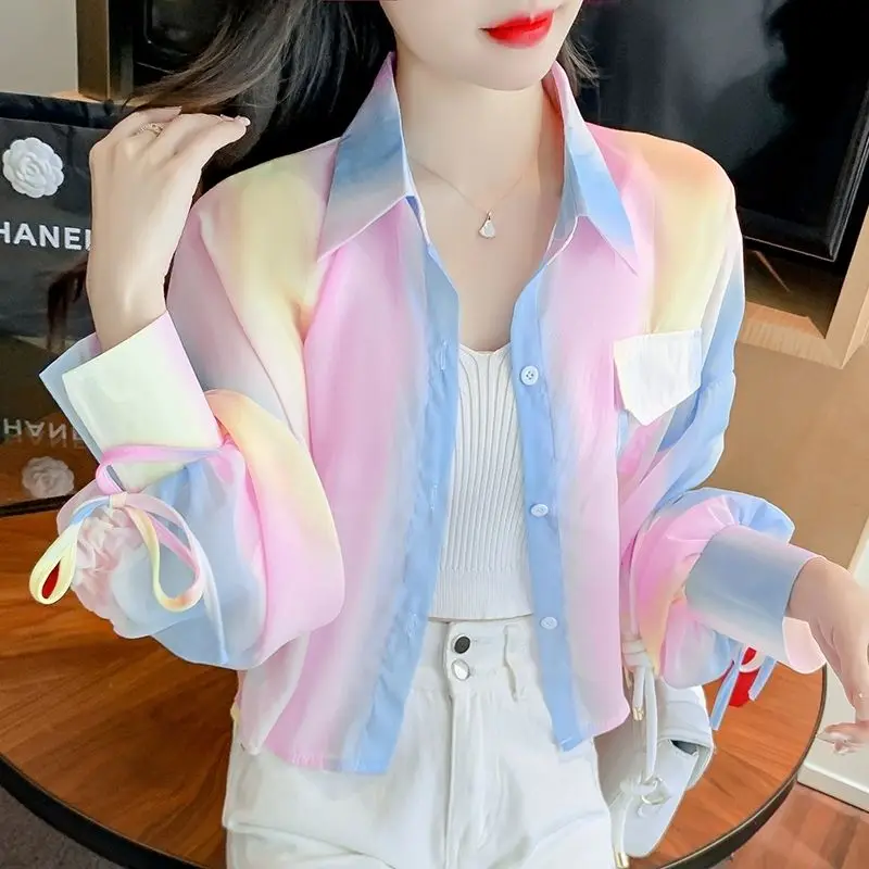 

Summer New Ladies Rainbow Shirts Women's Loose Thin Drawstring Long Sleeve Sun Protection Tops
