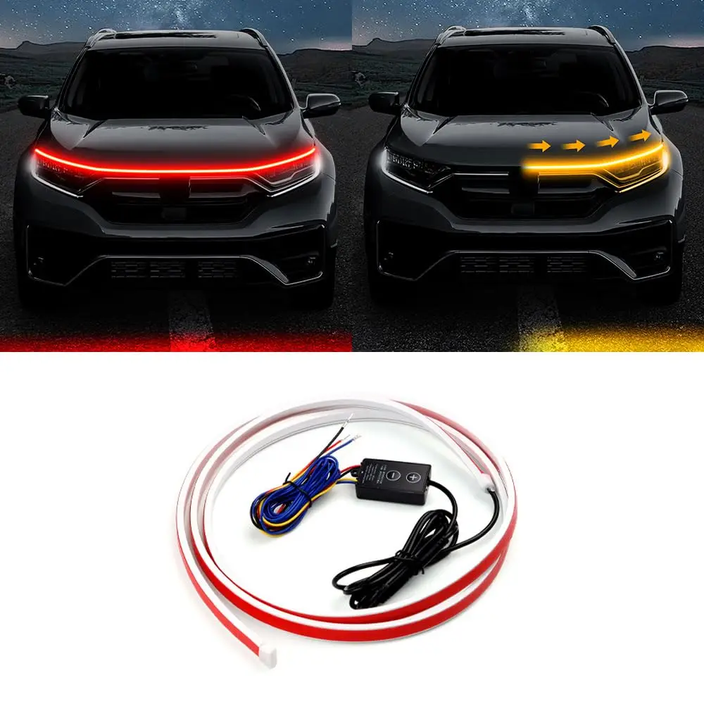 LED Car Daytime Running Light Strip - Red & Yellow Dual Color Plug And Play Start Scan Turn Signal 12V Universal Car Hood Light 1 LED Car Daytime Running Light Strip - Red & Yellow Dual Color Plug And Play Start Scan Turn Signal 12V Universal Car Hood Light 1