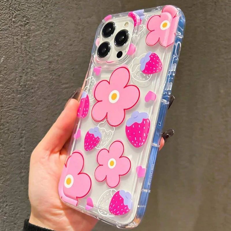 Pink Flower Strawberry Pattern Clear Phone Case
