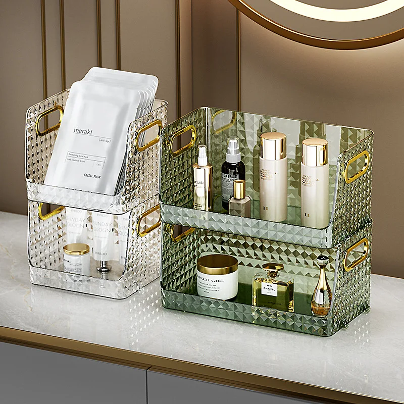 

Bathroom Cosmetics Storage Basket Lipstick Makeup Box Organizer Dressing Table Container,Transparent Stripe,Gold Plated Handle