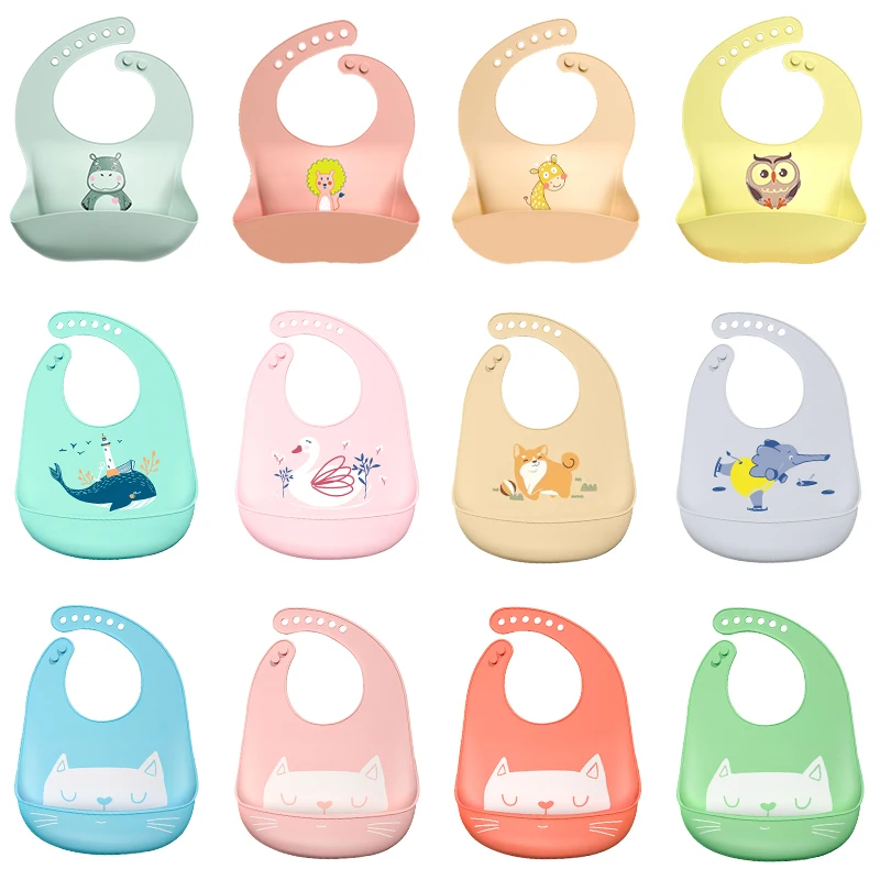 Silicone Bib Waterproof Baby Bibs Cute Cartoon Animal Printed Adjustable Soft Feeding Stuff