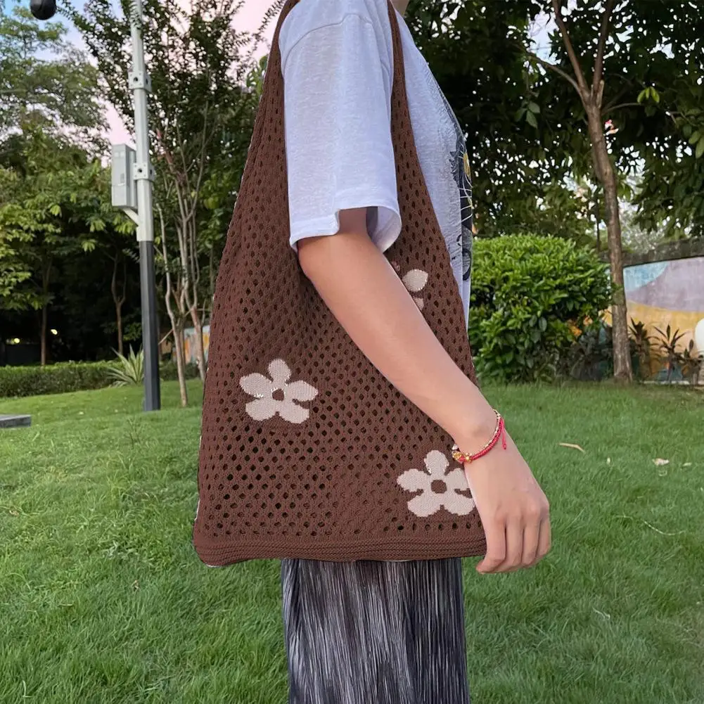 Korean Style Women Shoulder Bag Flower Pattern Crochet Large Capacity Hollow Out Knitted Handbag