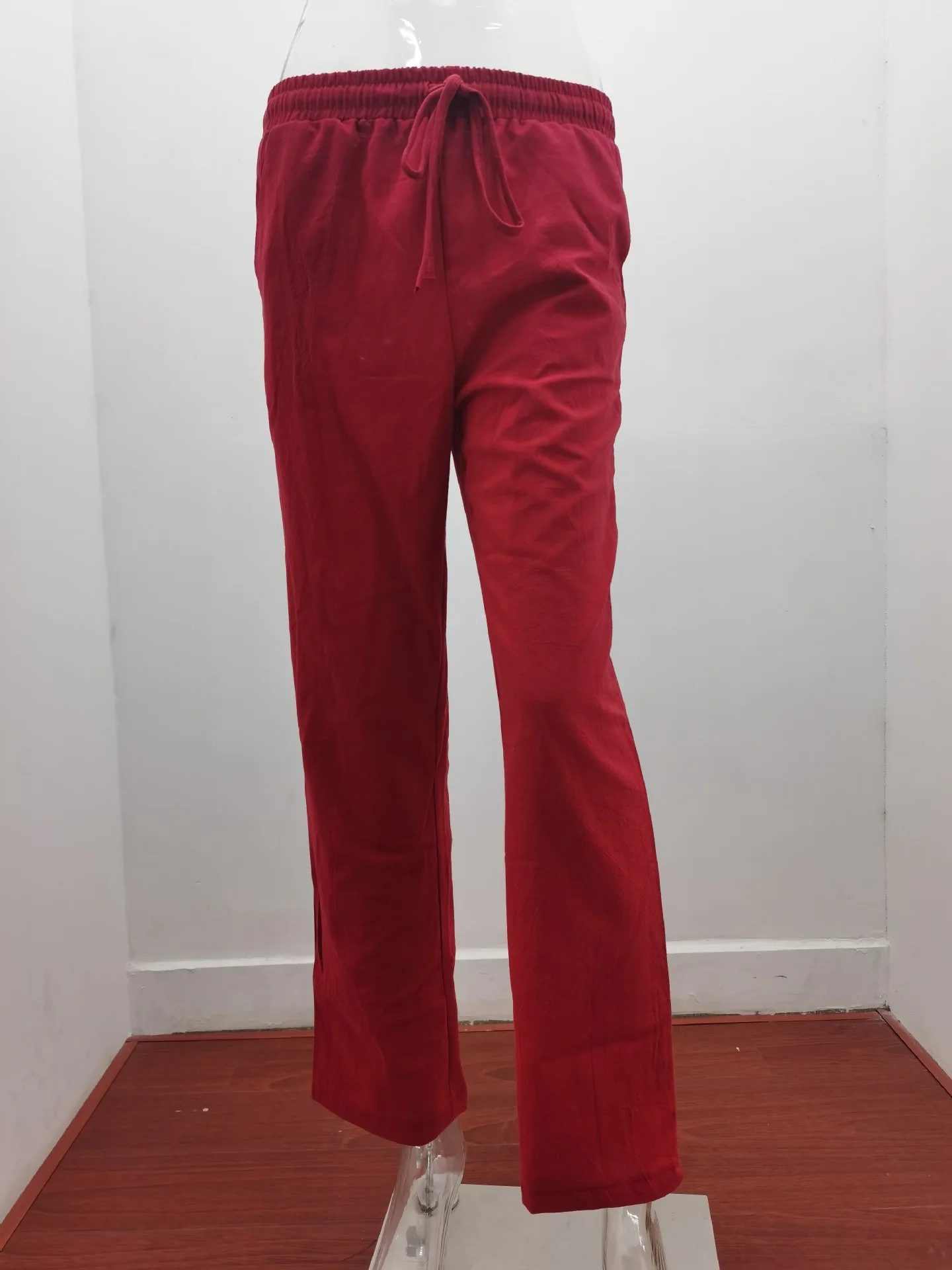 Spring and summer new solid color cotton and linen drawstring loose casual wide leg pants
