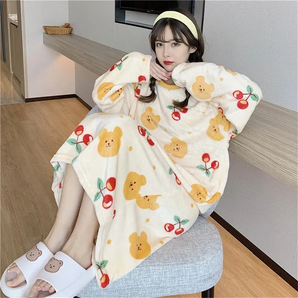 Formal Dressesy2KCoral Velvet Nightgown Printed Women'S Padded Flannel Cartoon Pajamas In Autumn And Winter Long Casual Warm H
