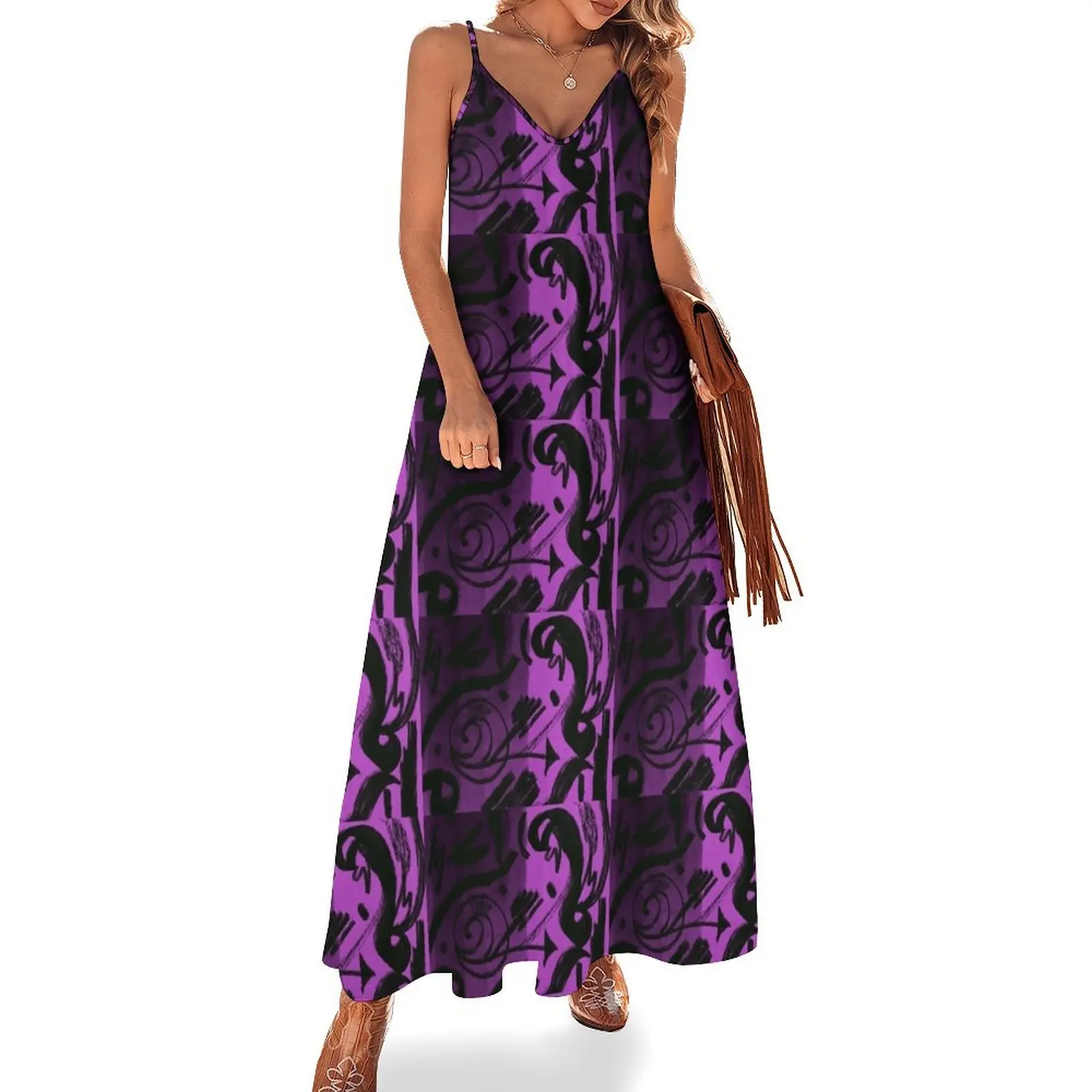 

Purple and black neo-folk pattern Sleeveless Dress wedding guest dress 2024 elegant party dresses for women 2024