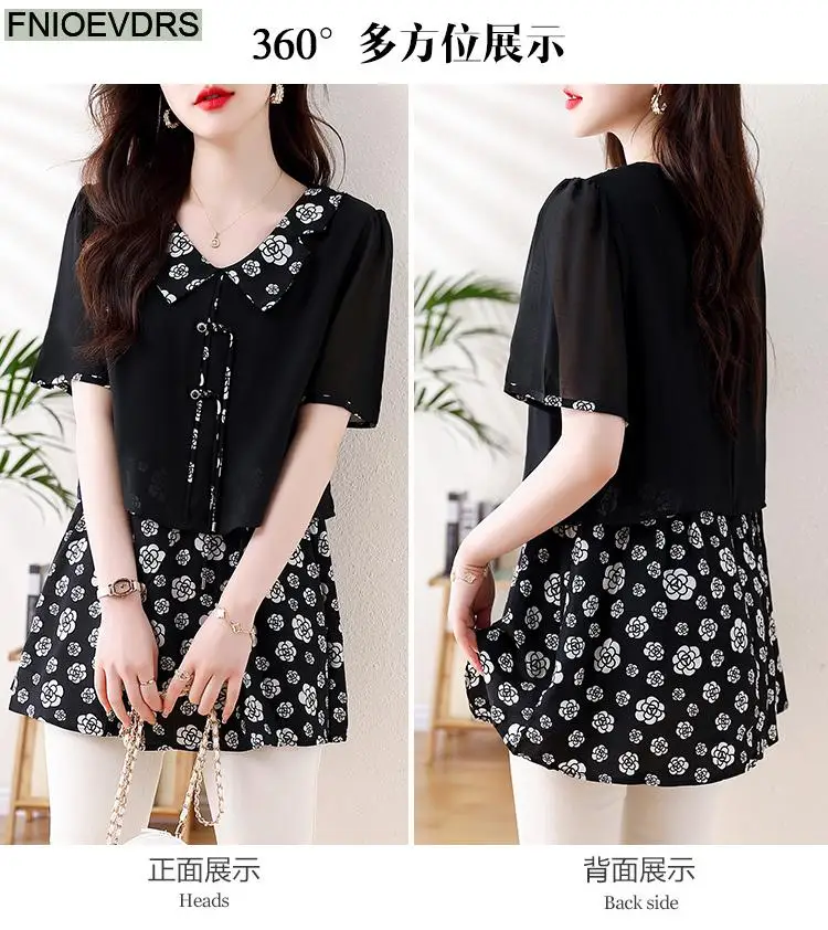 L-5XL Loose Clothes 2024 Women Summer Short Sleeve Elegant Ruffles Shirts Casual Retro Floral Tunic Peplum Tops And Blouses