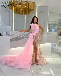 Sexy Pink Long Prom Dresses Strapless See Through High Split Party Dress Crystals Beaded Side Train African Women Evening Gowns