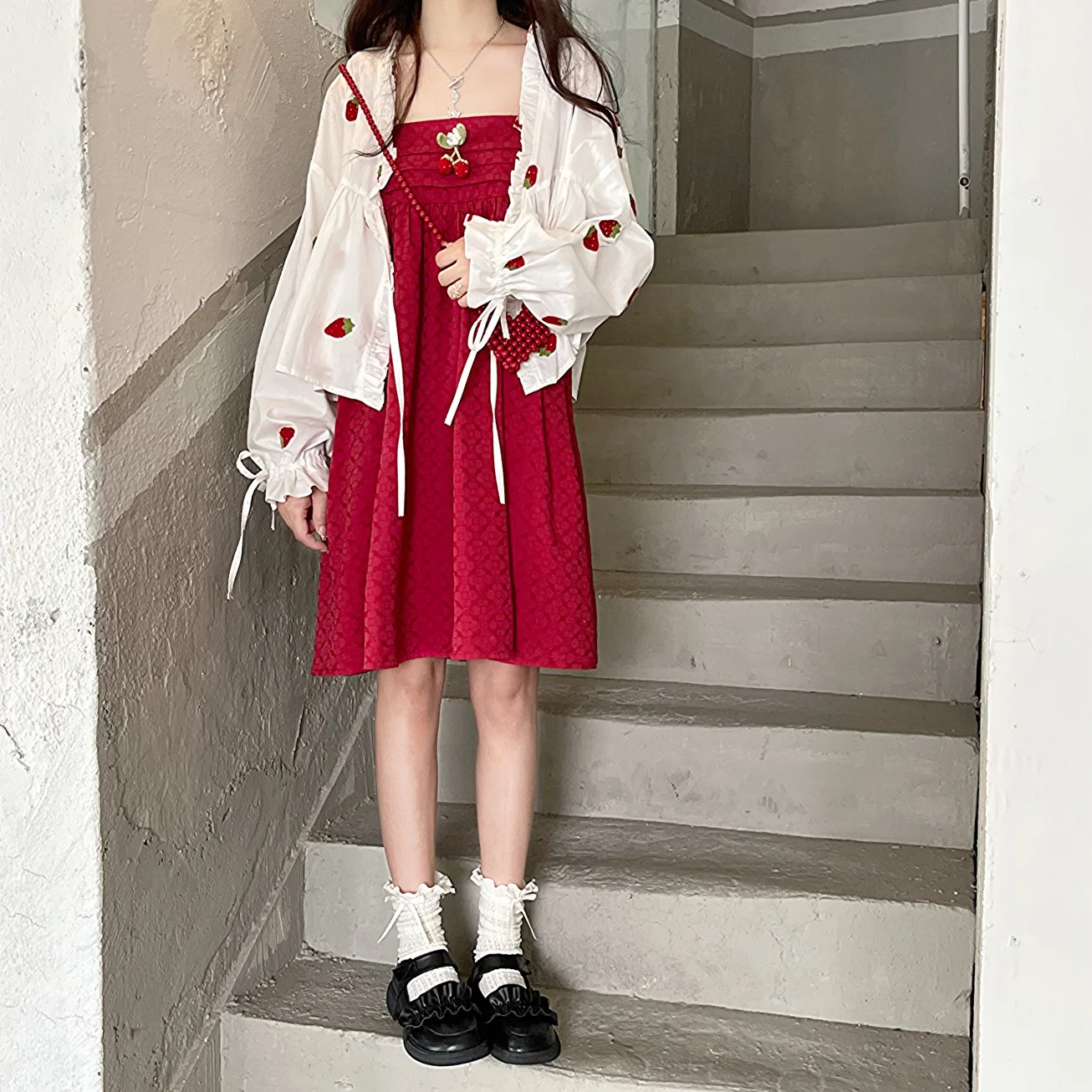 Sweet Woman Dress Outfits Japanese Strawberry Shirt Tops LaceUp Cute  Dresses Set | eBay