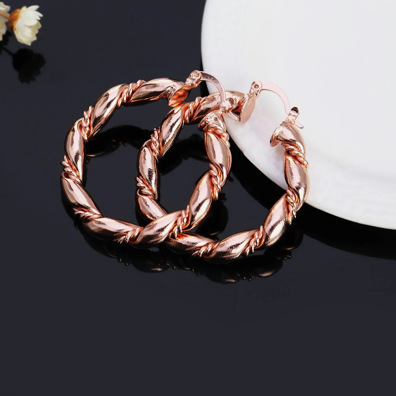 Elegant 18K Rose Gold Rope Hoop Earrings - 4cm Sterling Silver Fashion Jewelry for Weddings & Special Occasions
