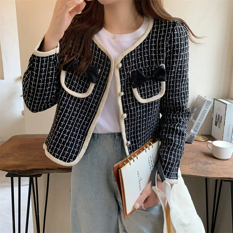 Small Fragrance Wind Jacket 2024 Spring Ladies Korean Style Sense of Design Bow Houndstooth Outwear Loose Versatile Short Top