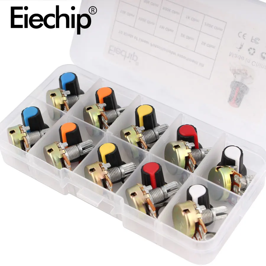 WH148 Potentiometer Kit 1K 2K 5K 10K 20K 50K 100K 250K 500K 1M 15mm Linear Taper Rotary Potentiometer Set 3Pin With Knob Cap adjustable resistor multiturn potentiometer linear potentiometer rotary potentiometer potentiometer knobs potentiometer kit trimmer potentiometer