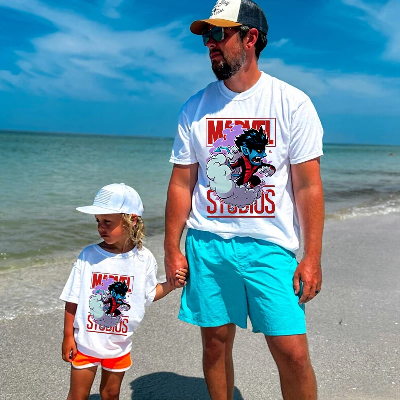 Marvel Hero Print T-shirt Dad and kids Cotton Short Sleeve Family Matching Outfits Casual White Top 3